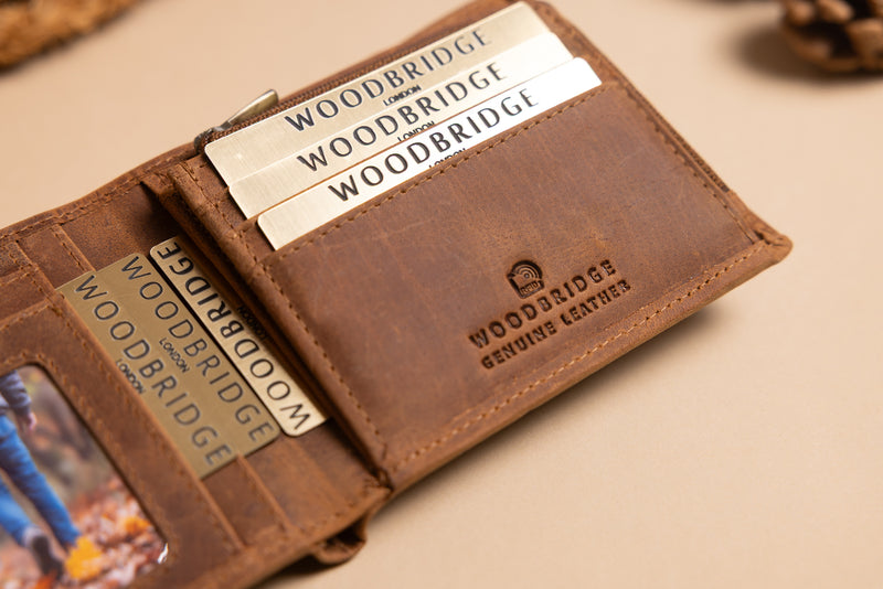 Personalised Engraved Rustic Brown Bifold Leather Wallet With Zip Coin Pocket