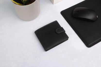 Personalised Black Hunter Leather Wallet – Bifold with Coin Pocket & RFID Protection