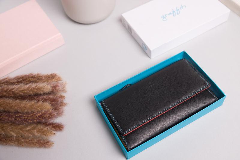 "Ladies RFID wallet in black multi leather"