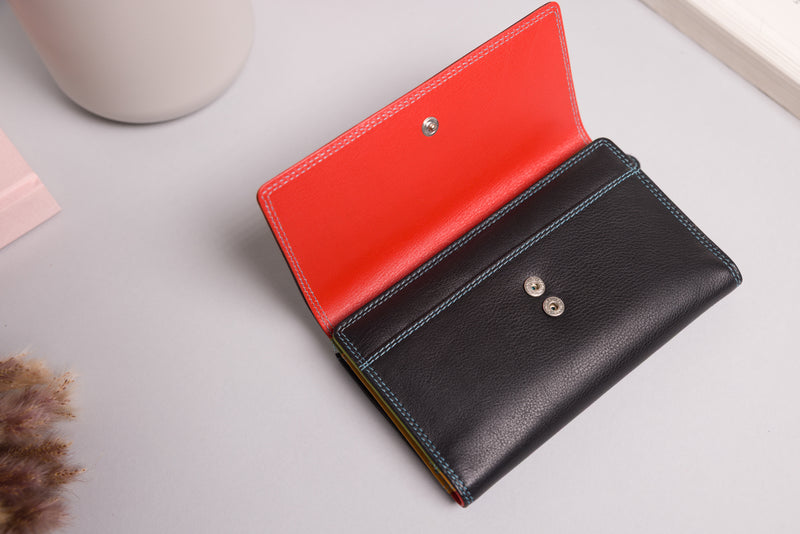 "Full-grain leather purse in black multi design"