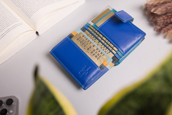 Personalised Engraved Blue Multi Leather Purse