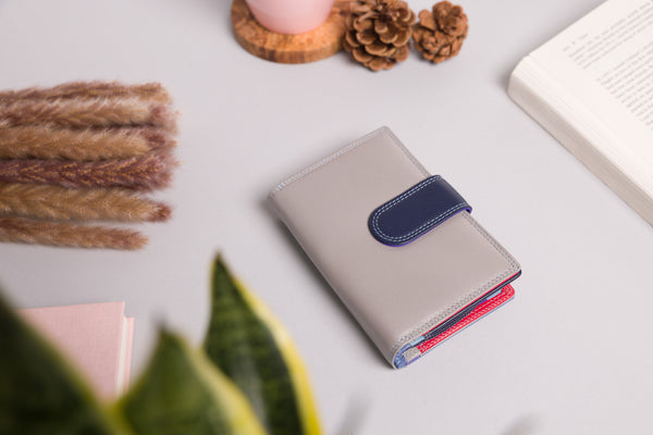 "Elegant two-tone leather wallet with multiple card slots"