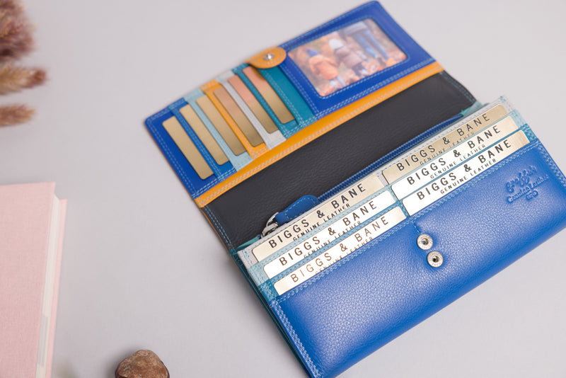 Personalised Engraved Blue Multi Leather Purse