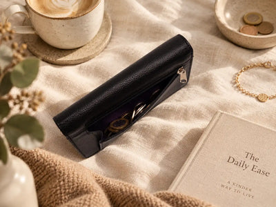 Black leather ladies wallet with secure rear zipped coin pocket