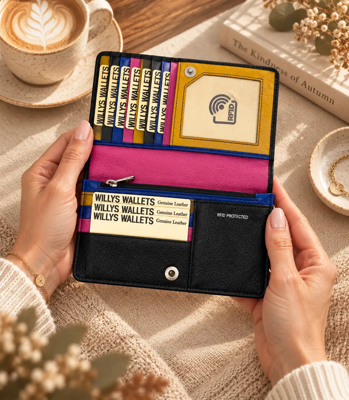 Personalised Black Leather Purse for Women | RFID Multi-Colour Wallet