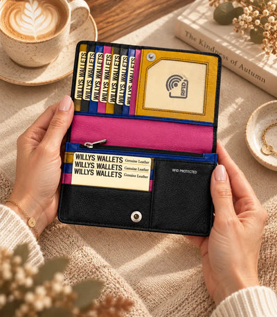 Personalised Black Leather Purse for Women | RFID Multi-Colour Wallet