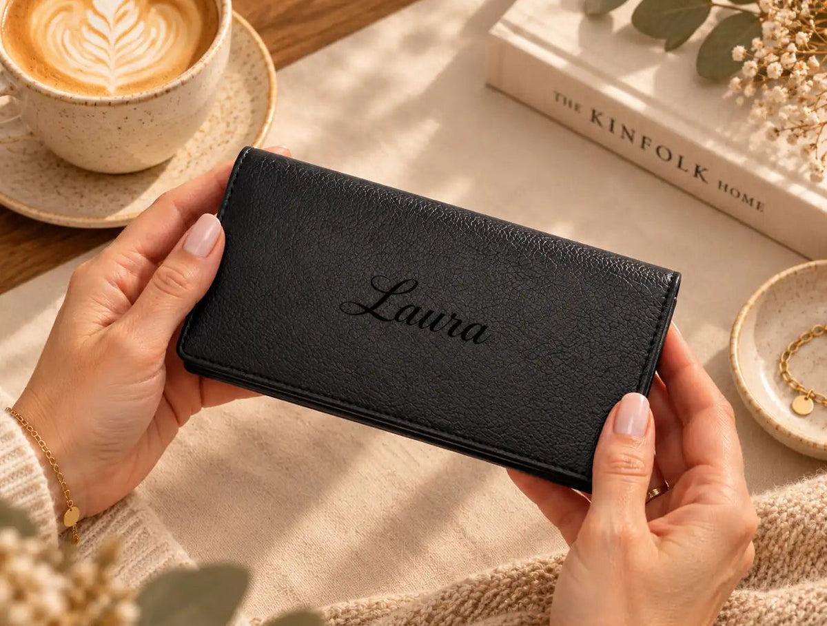 Personalised black leather purse for women engraved with a name