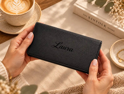 Personalised black leather purse for women engraved with a name