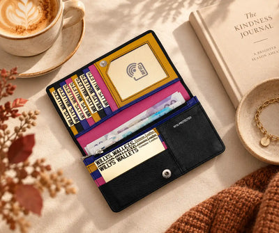 Black leather RFID ladies purse with colourful interior and card slots