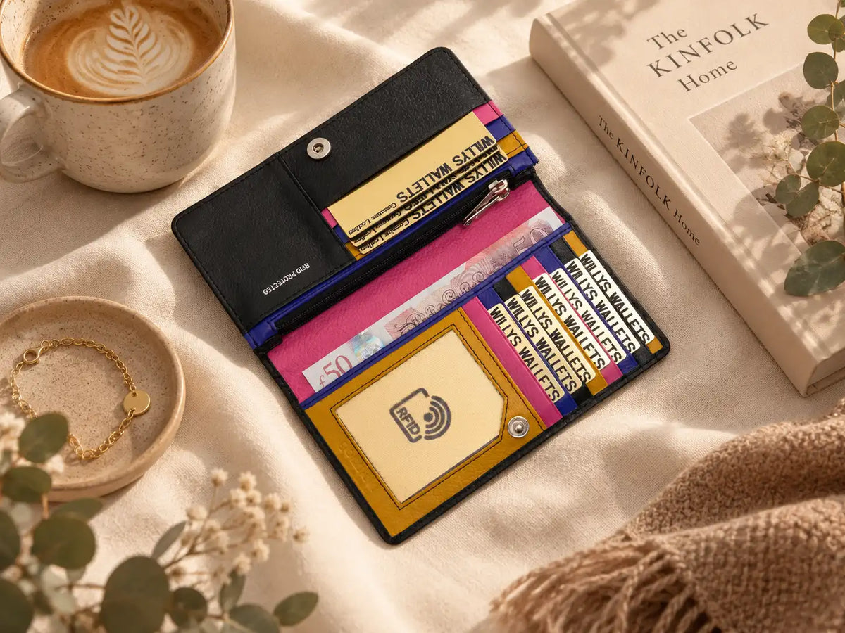 RFID protected black leather purse with colourful card compartments