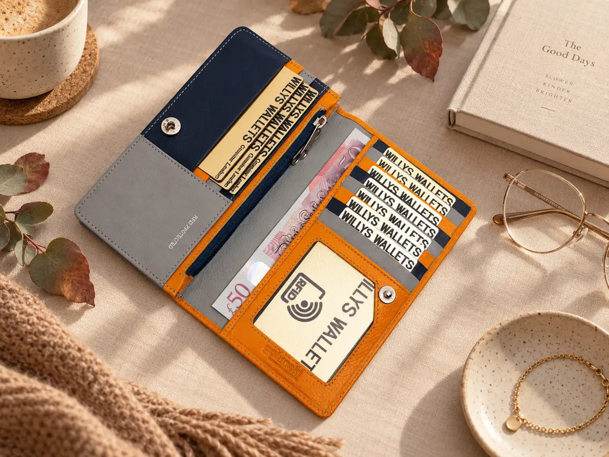 Women's orange multi colour leather purse with card slots and note sections