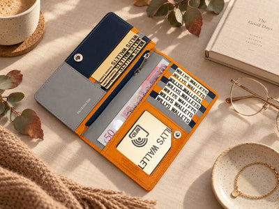 Women's orange multi colour leather purse with card slots and note sections