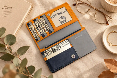Orange RFID leather purse with grey and navy card compartments