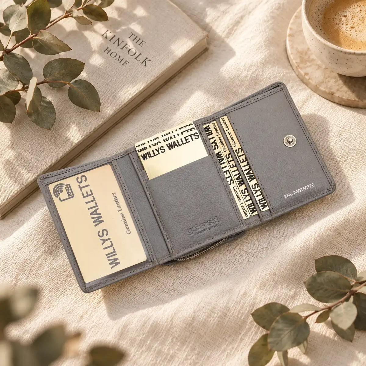Open grey RFID leather purse with six card slots and ID window