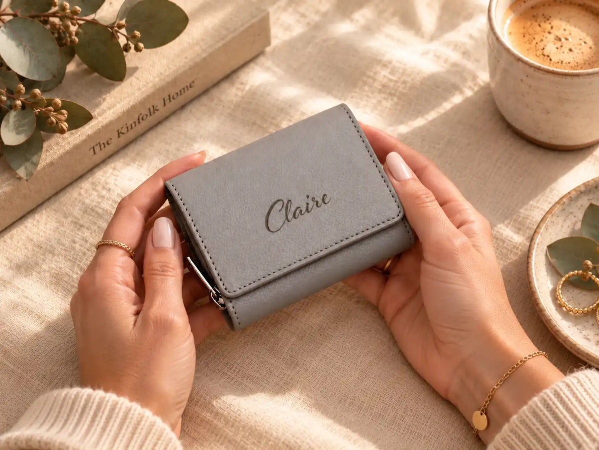 Personalised grey leather purse for women engraved with Claire
