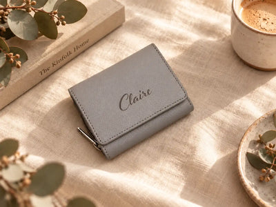 Personalised grey leather wallet with custom name engraving