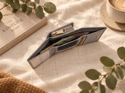 Compact grey leather ladies wallet showing interior storage