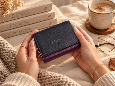 Personalised navy leather purse for women engraved with Mum