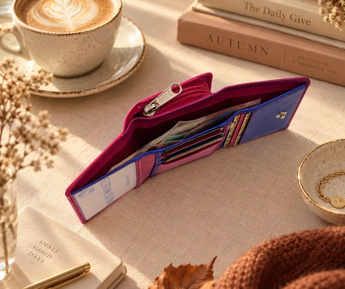 Purple multi colour leather purse showing card slots and banknote storage