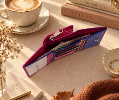 Purple multi colour leather purse showing card slots and banknote storage
