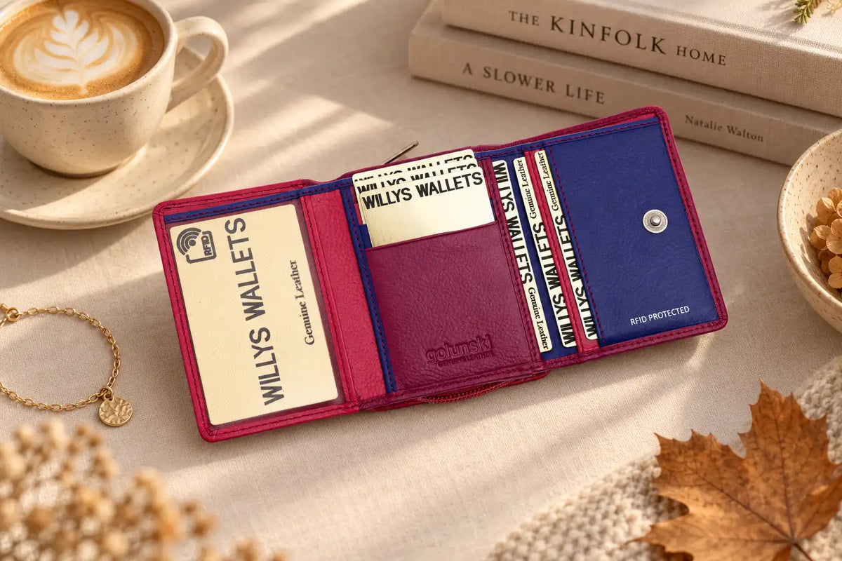 Compact purple RFID leather wallet with blue interior and six card slots