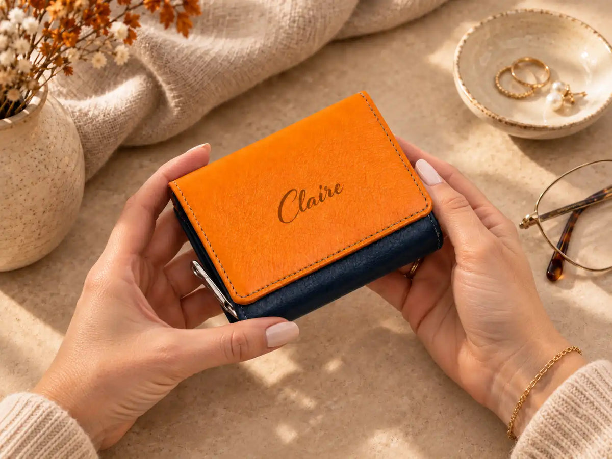 Personalised orange leather purse for women engraved with Claire