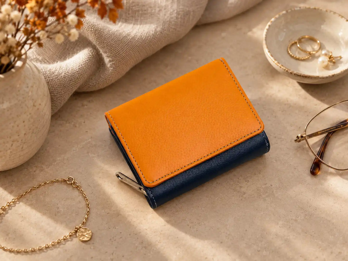 Personalised Orange Leather Purse for Women | Compact RFID Wallet