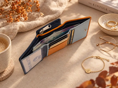 Small orange ladies leather wallet with card slots and note storage