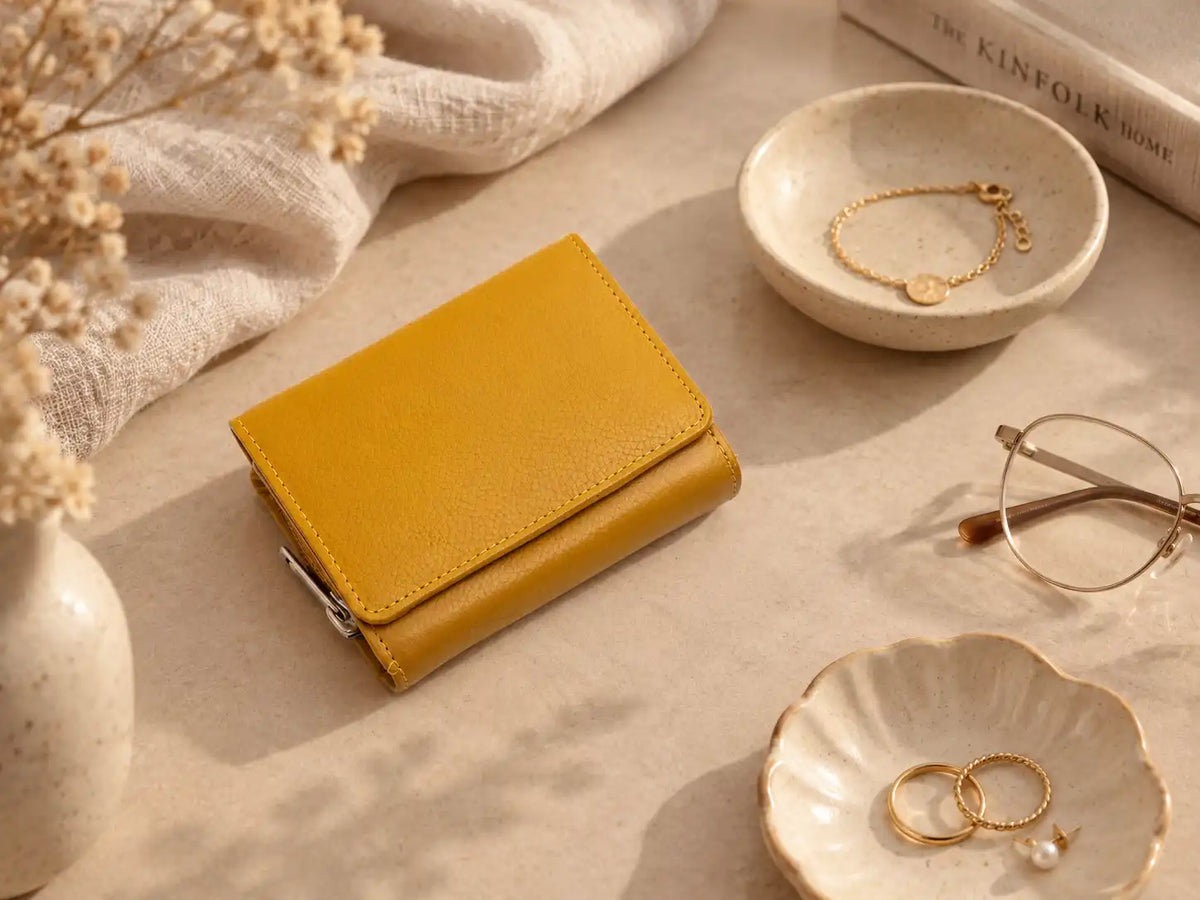 Plain mustard yellow genuine leather ladies purse with compact folding design