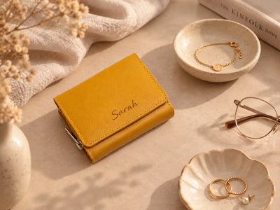 Personalised mustard leather wallet with Sarah name engraving on front