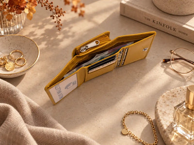 Compact mustard leather ladies wallet showing card slots and banknote storage