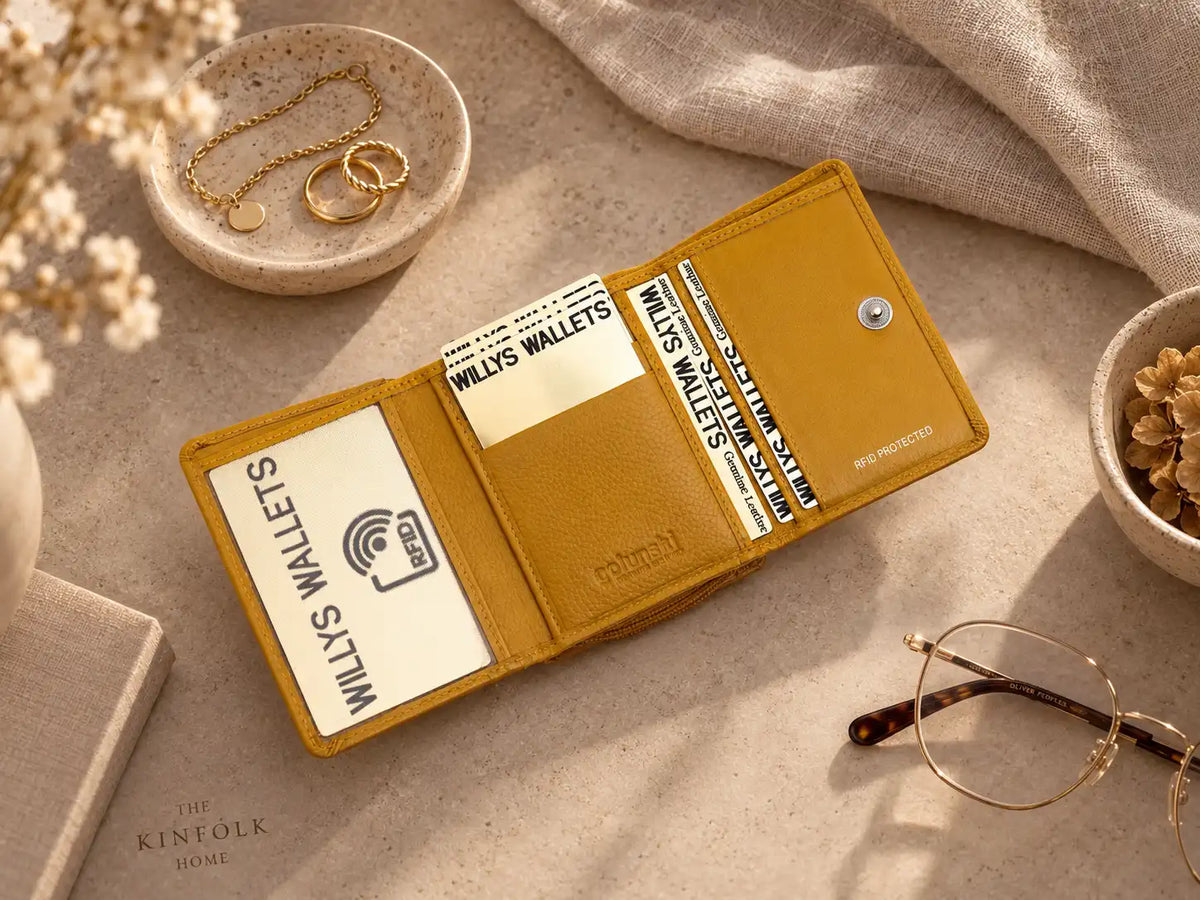 Open mustard yellow RFID leather purse with six card slots and ID window