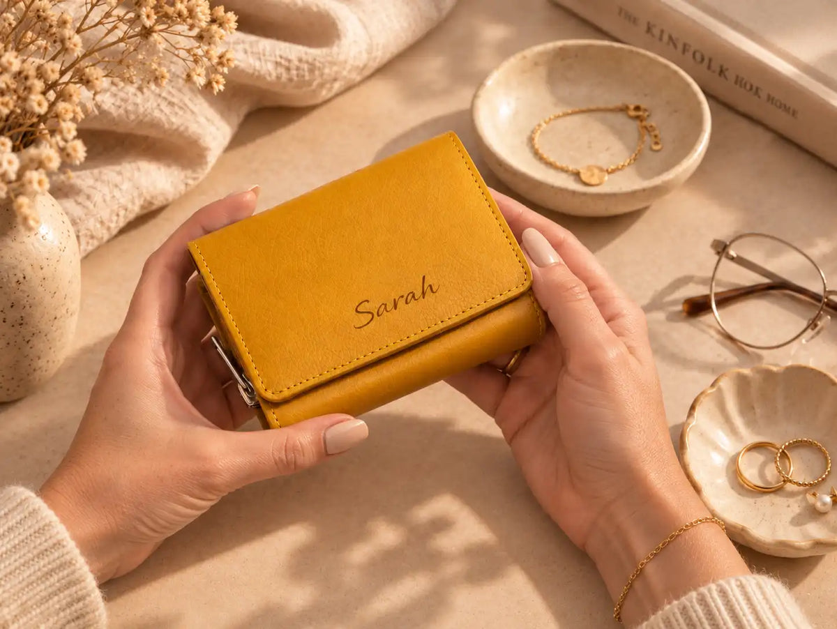 Personalised mustard leather purse for women engraved with Sarah