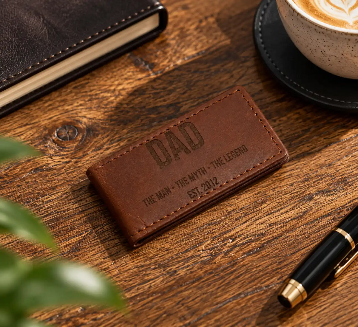 Slim cognac brown leather money clip with personalised engraving