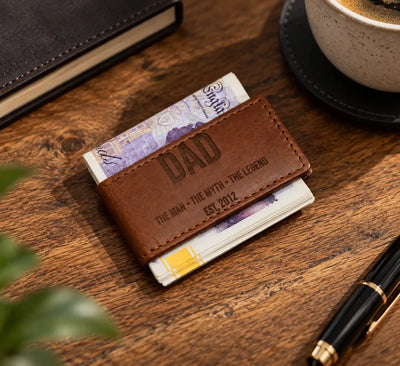 Classic cognac full-grain leather money clip wallet with minimalist design