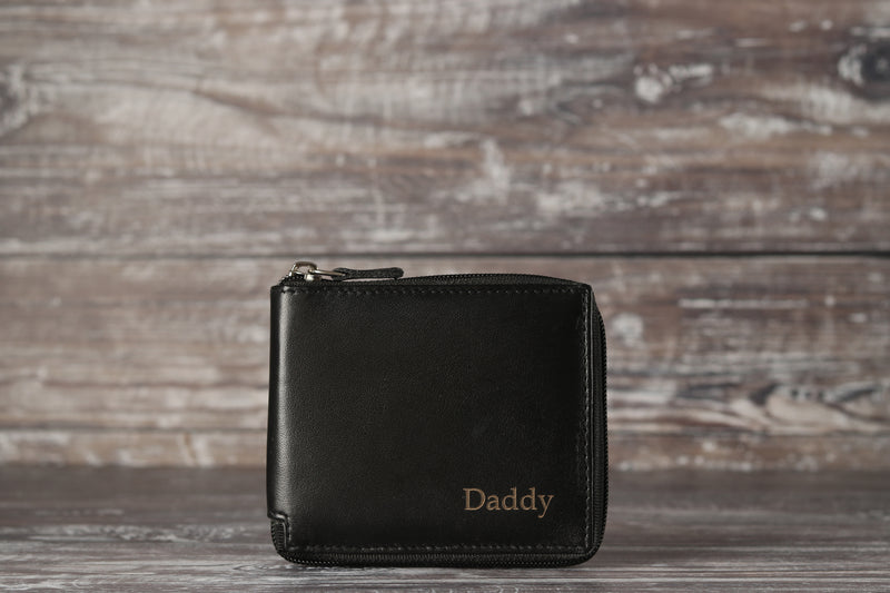 Personalised Engraved Black & Brown Bifold Zip Around Leather Wallet