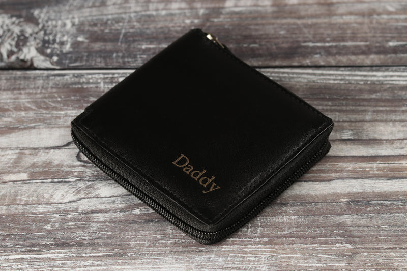 Personalised Engraved Black & Brown Bifold Zip Around Leather Wallet