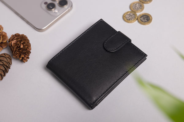 Personalised Engraved Black Bifold Leather Wallet With Coin Pocket