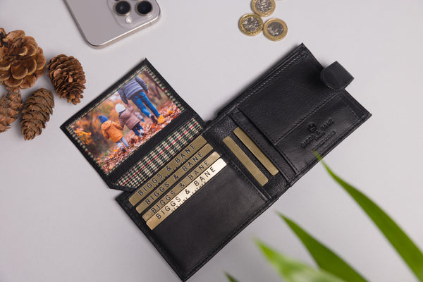 Personalised Engraved Black Bifold Leather Wallet With Coin Pocket