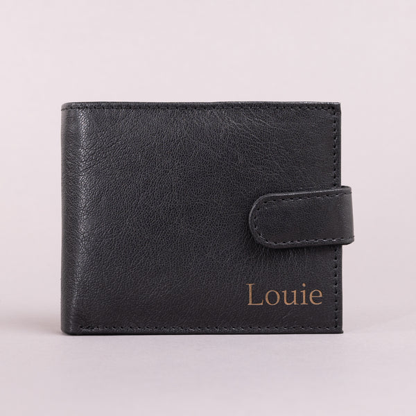 Personalised Engraved Black Bifold Leather Wallet With Coin Pocket