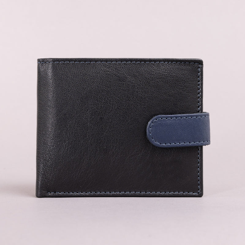 Personalised Engraved Black & Blue Bifold Leather Wallet With Coin Pocket
