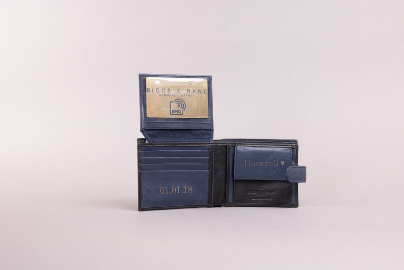 Personalised Engraved Black & Blue Bifold Leather Wallet With Coin Pocket