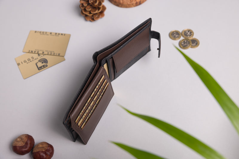 Personalised Black & Brown Leather Wallet – Bifold with Coin Pocket