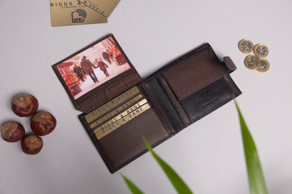 Personalised Engraved Black & Brown Bifold Leather Wallet With Coin Pocket