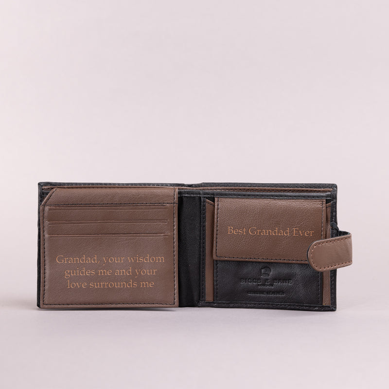 Personalised Engraved Black & Brown Bifold Leather Wallet With Coin Pocket