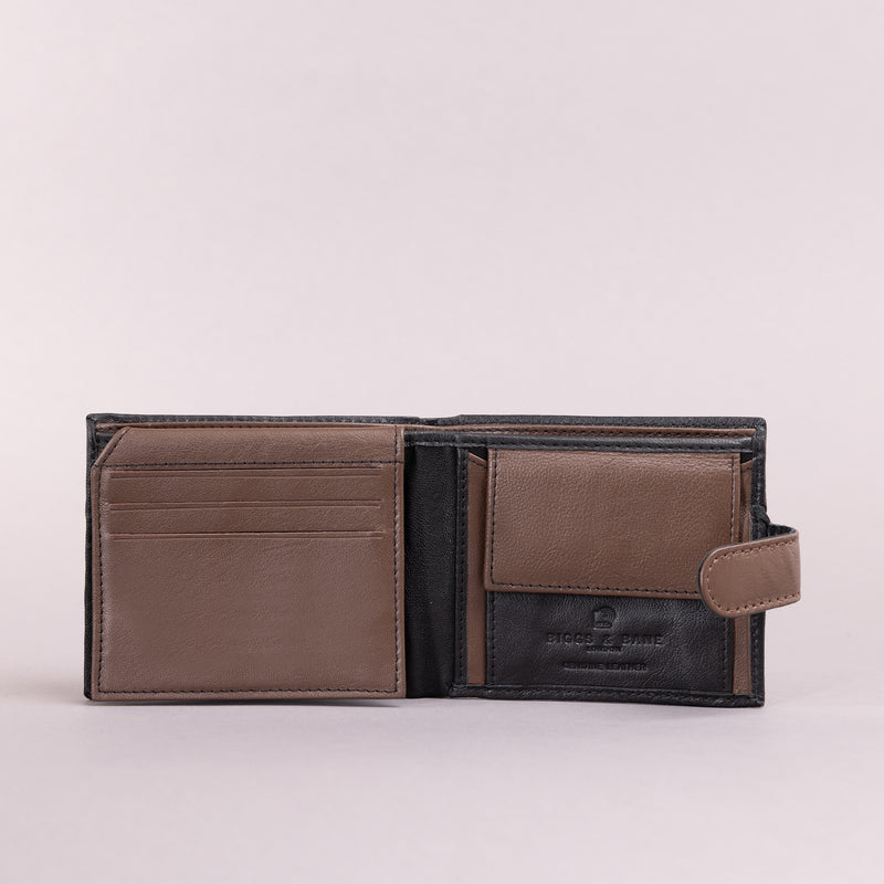 Personalised Engraved Black & Brown Bifold Leather Wallet With Coin Pocket