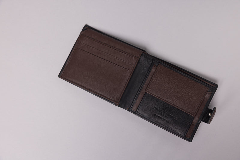 Personalised Black & Brown Leather Wallet – Bifold with Coin Pocket