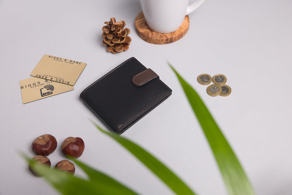 Personalised Engraved Black & Brown Bifold Leather Wallet With Coin Pocket
