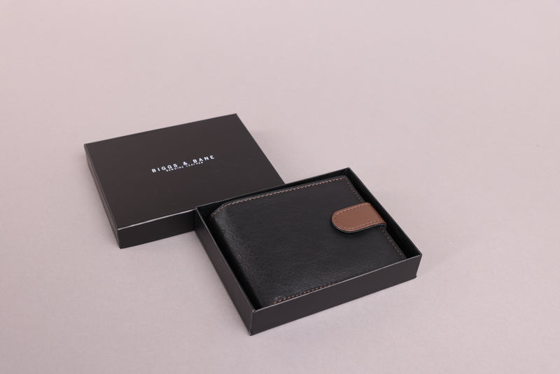 Personalised Engraved Black & Brown Bifold Leather Wallet With Coin Pocket