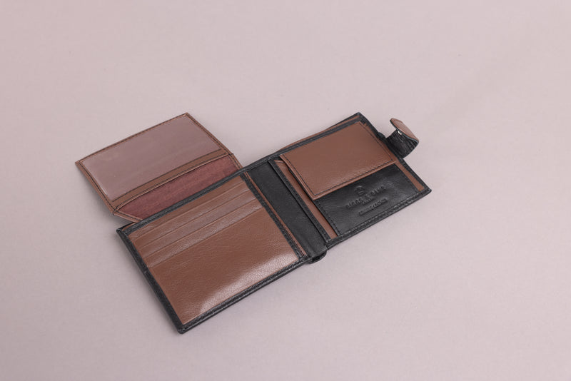 Personalised Engraved Black & Brown Bifold Leather Wallet With Coin Pocket